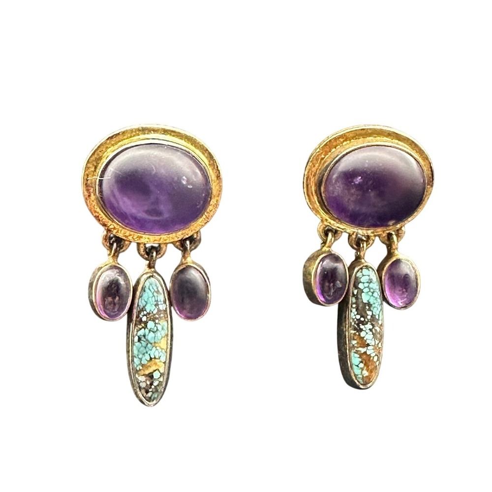Artisan Amethyst Turquoise Sterling Silver Gold plate Drop Earrings Southwestern